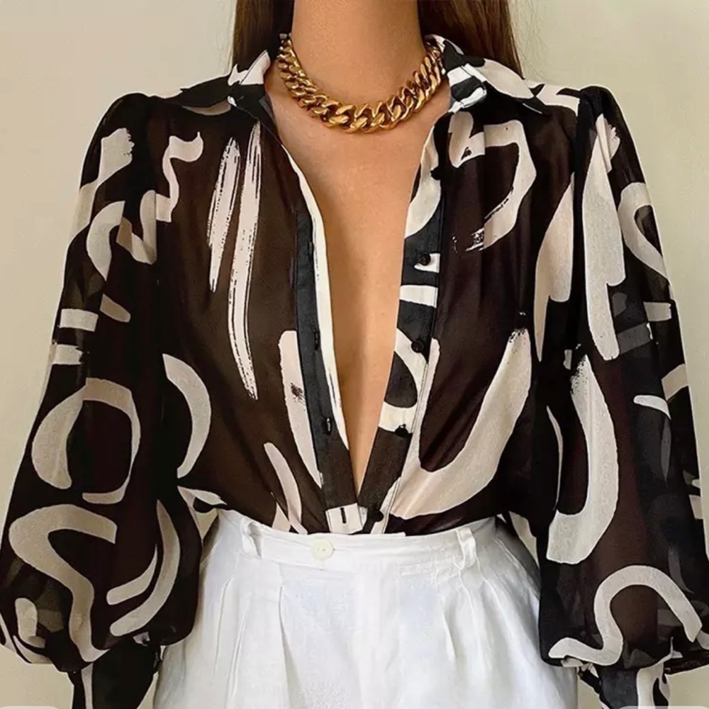 Black n Cream Abstract Print Blouse